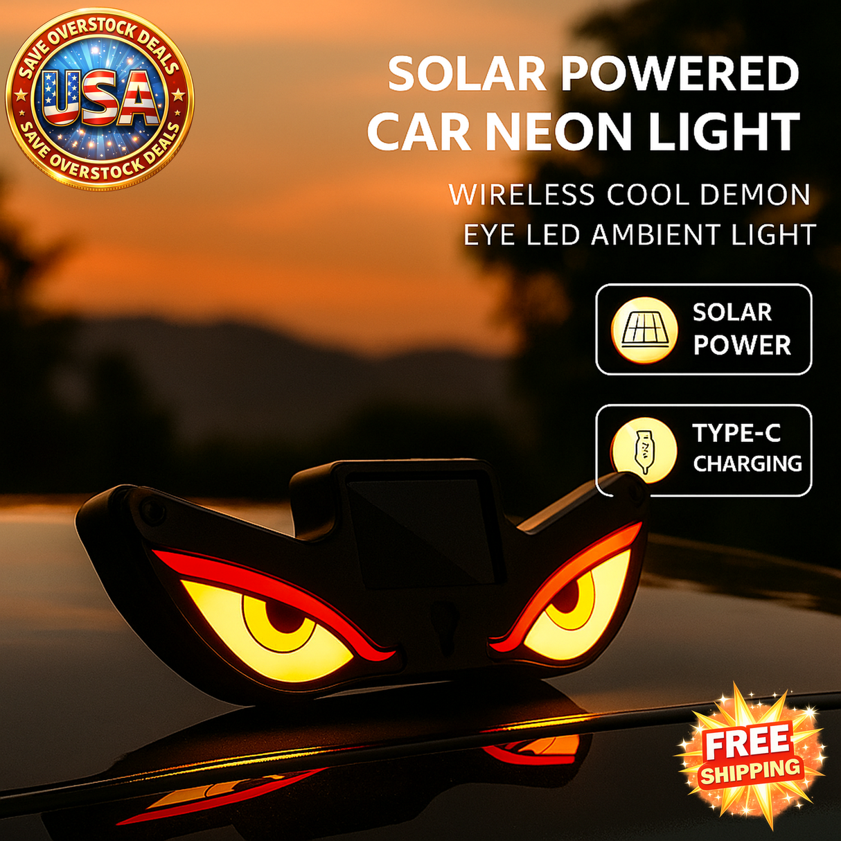 Solar Powered Car Neon Light - USB Rechargeable DEMON EYE