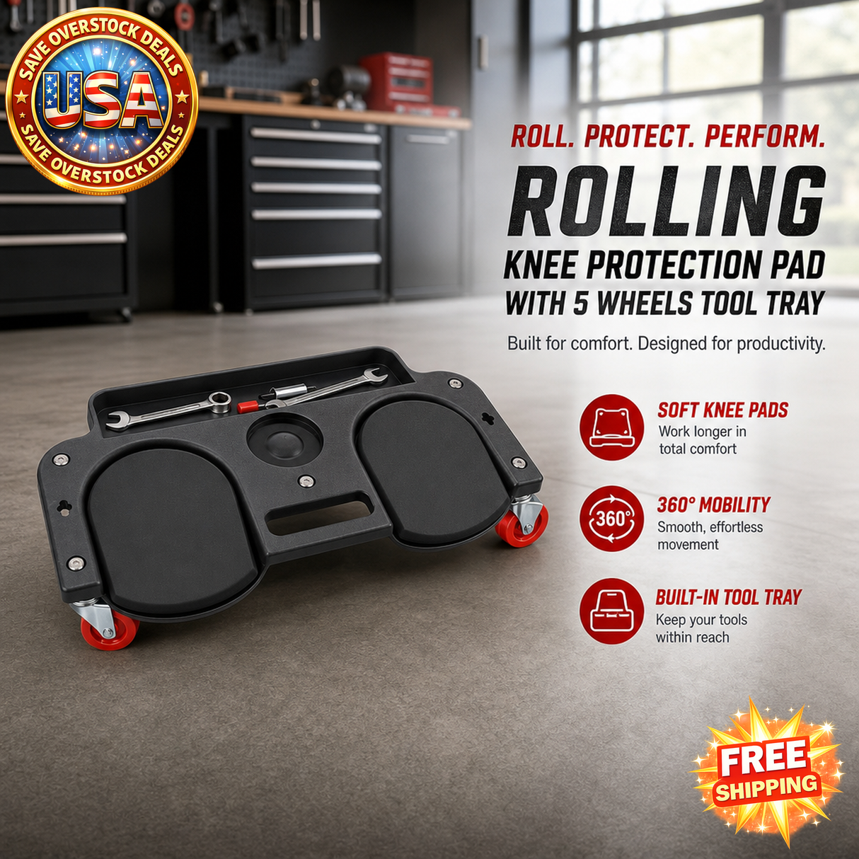 Rolling Knee Protection Pad with Wheels and Tool Tray