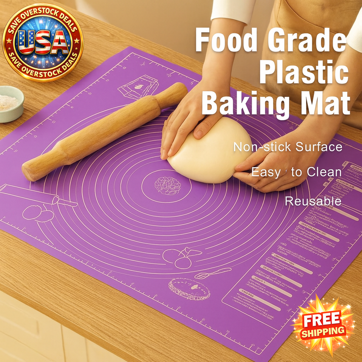 Food Grade Plastic Rolling Mat with Measuring Tool - Non-Slip Baking Mat