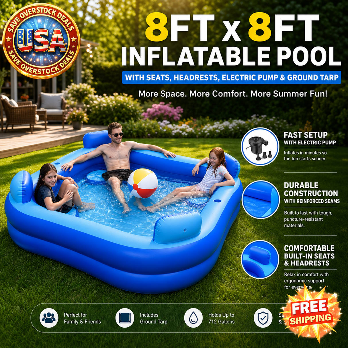 8ft x 8ft Inflatable Pool with Seats and Electric Pump
