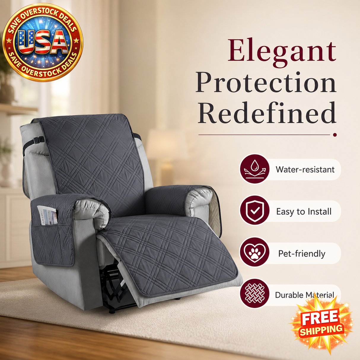 Recliner Cover with Pocket, Anti-Slip Sofa Cushion