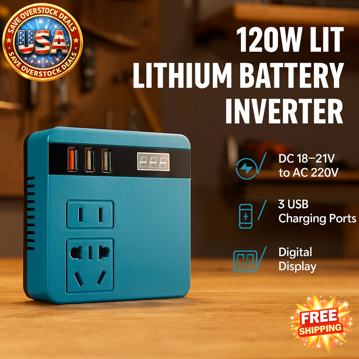 120W Lithium Battery Inverter DC 18-21V to AC 220V for Makita Tools