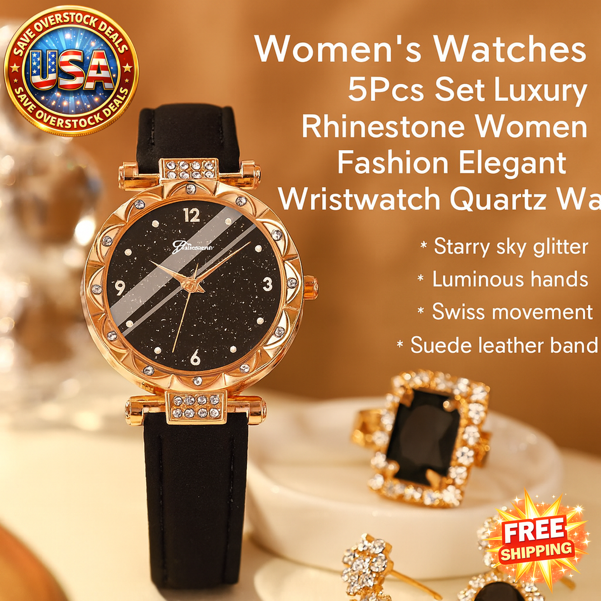 Luxury Rhinestone Women's Watch Set - 5pcs Elegant Quartz Wristwatch Gift