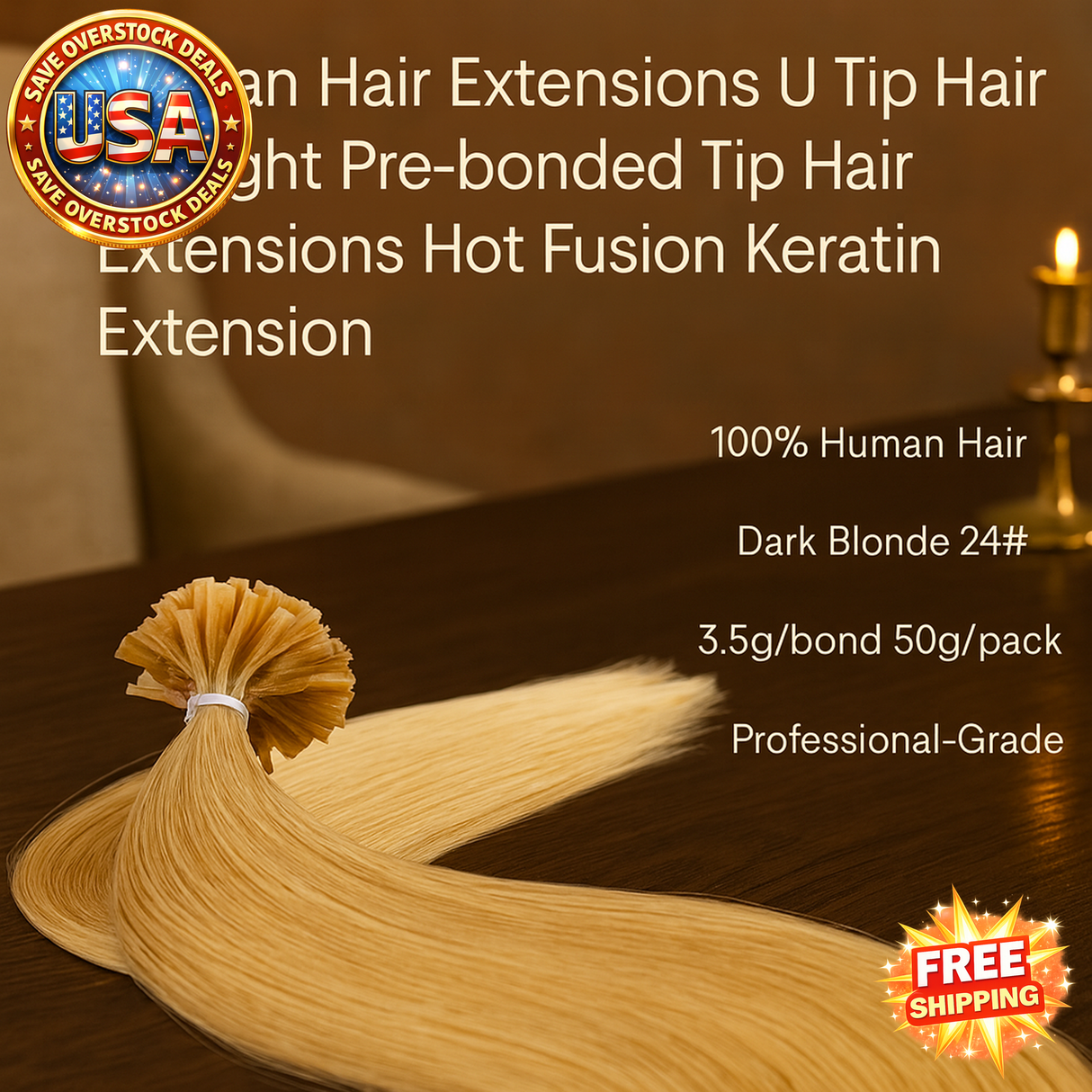 Human Hair Extensions U Tip Pre-bonded Keratin Dark Blonde 24" 12 Strands