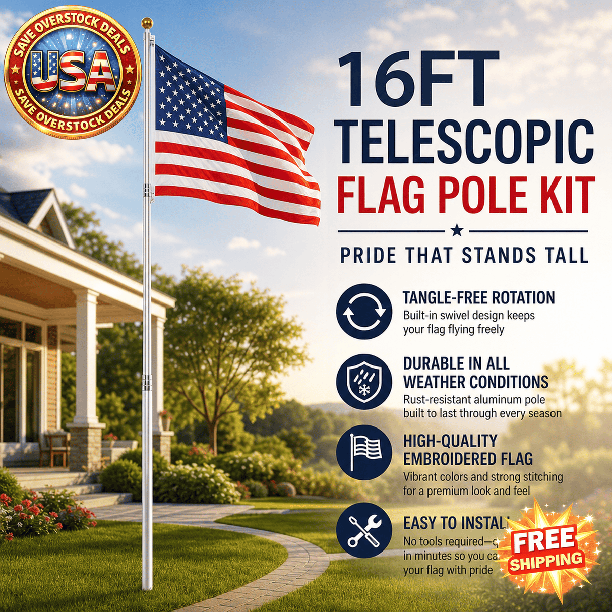 16FT Telescopic Flag Pole Kit with Heavy Duty Aluminum