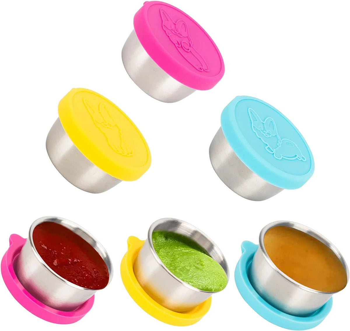 Salad Dressing Containers To Go; 6x1.5 oz Stainless Steel Food Containers with Lids; Small Silicone Dipping Sauce Cups Toddler Snack Containers Leakproof for Kids Lunch Bento Box; Picnic and Travel