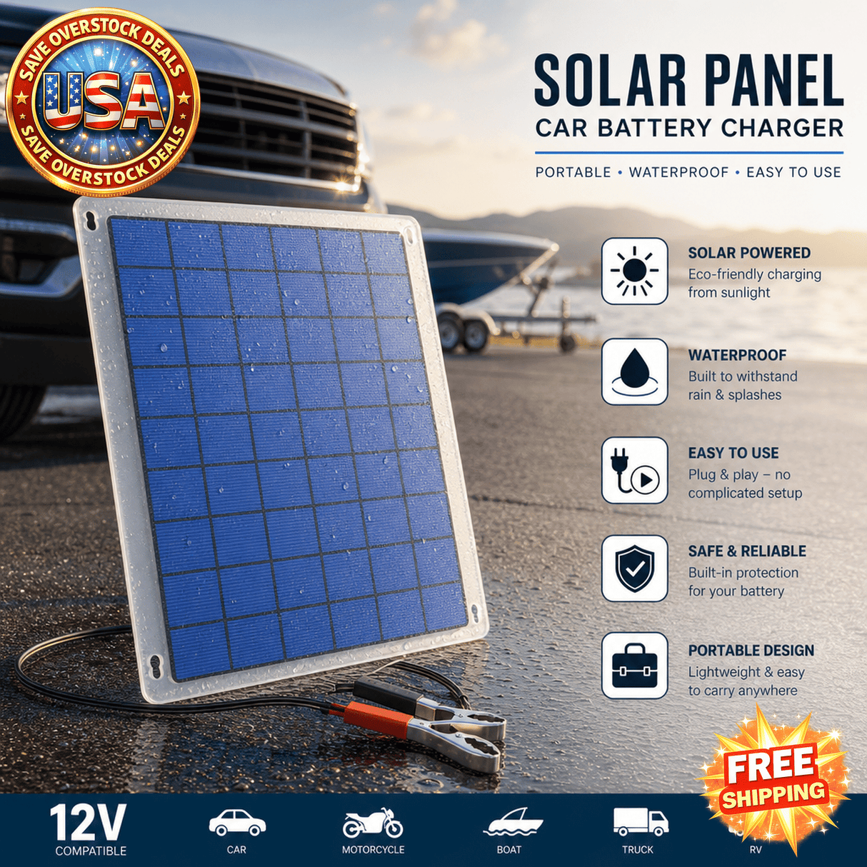 Portable Solar Panel Car Battery Charger - Waterproof 12V