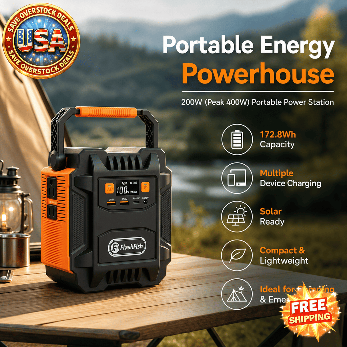 200W Portable Power Station with AC Outlet and USB Ports