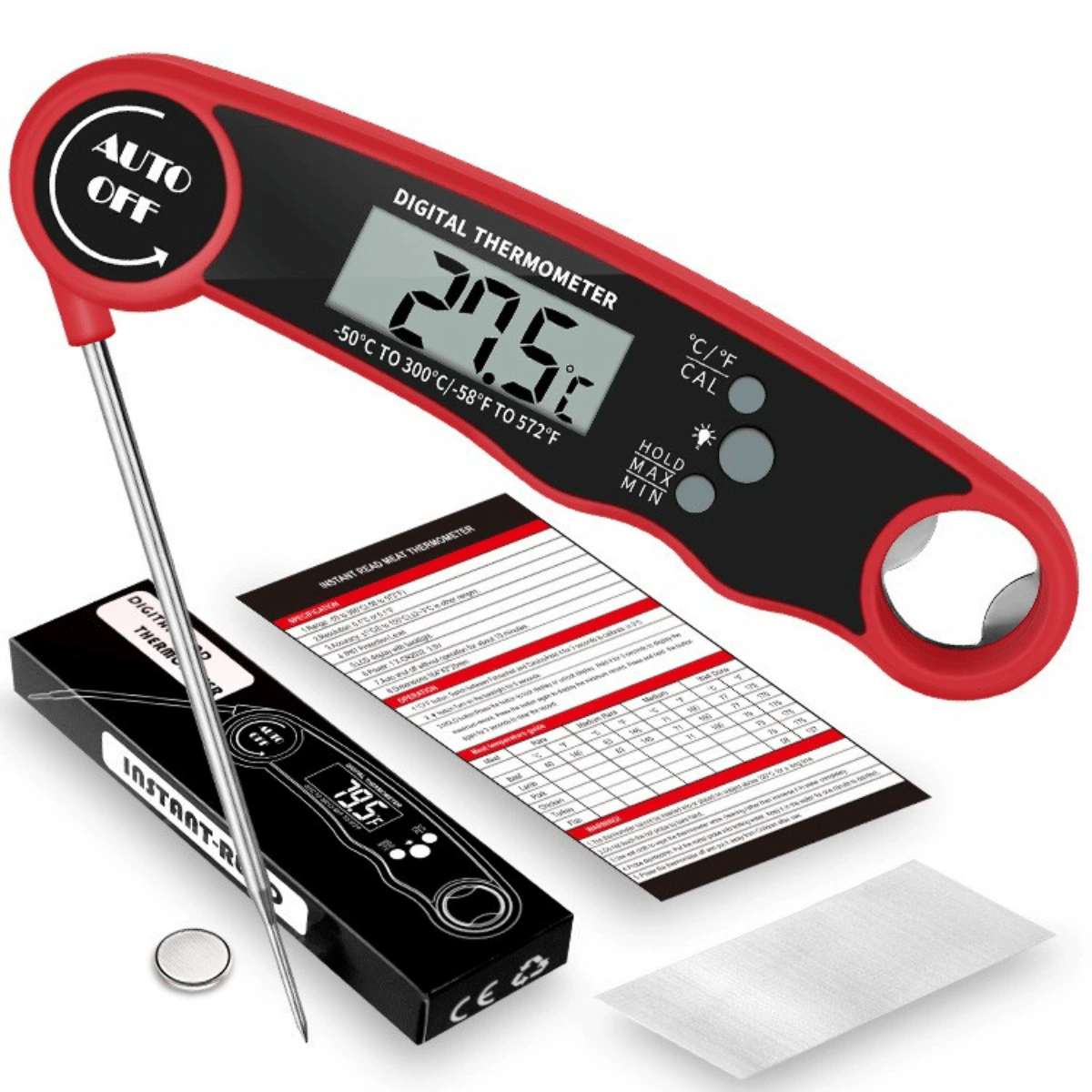 Digital Meat Thermometer with Probe - Waterproof; Kitchen Instant Read Food Thermometer for Cooking; Baking; Liquids; Candy; Grilling BBQ & Air Fryer