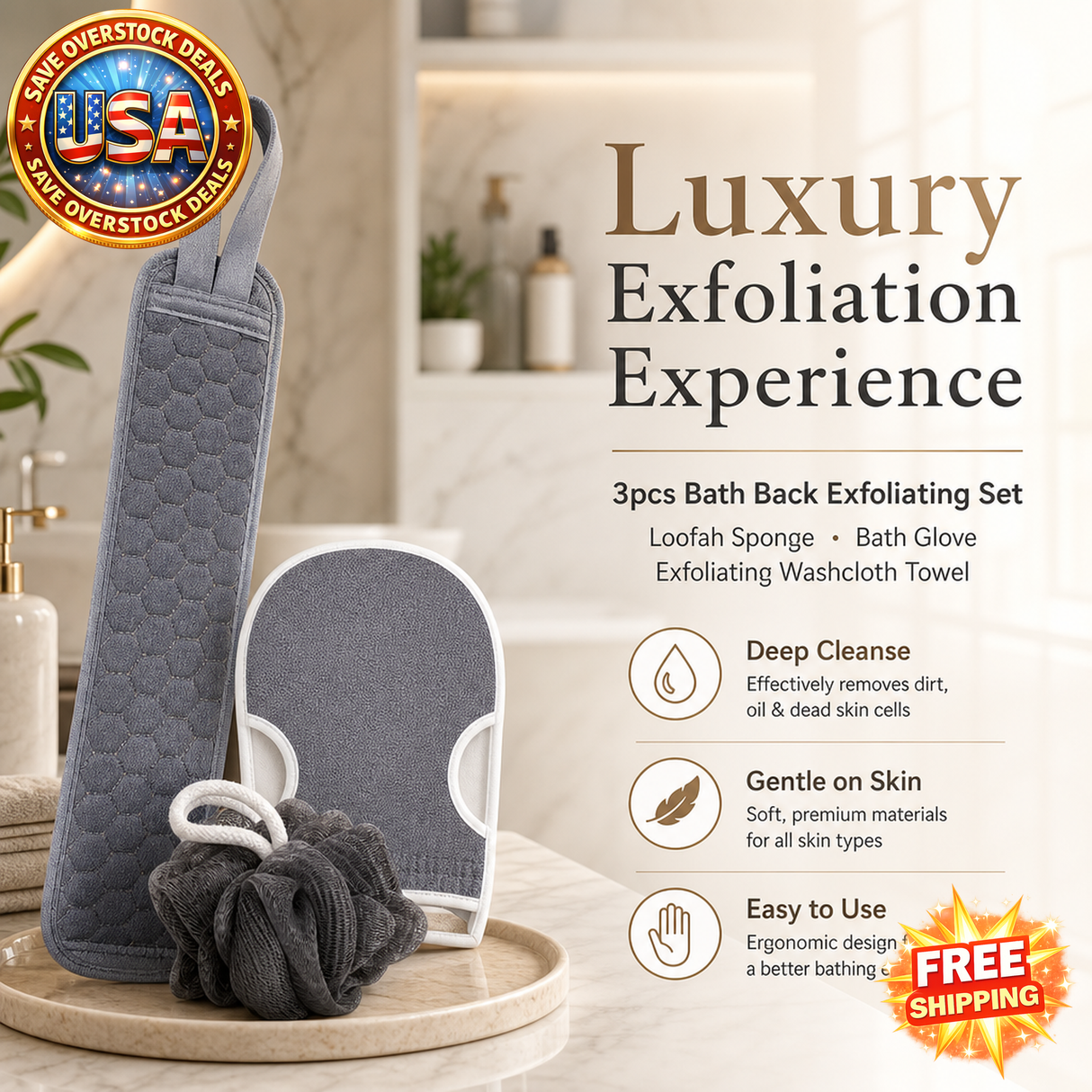 Exfoliating Bath Set - Loofah Sponge, Glove & Washcloth