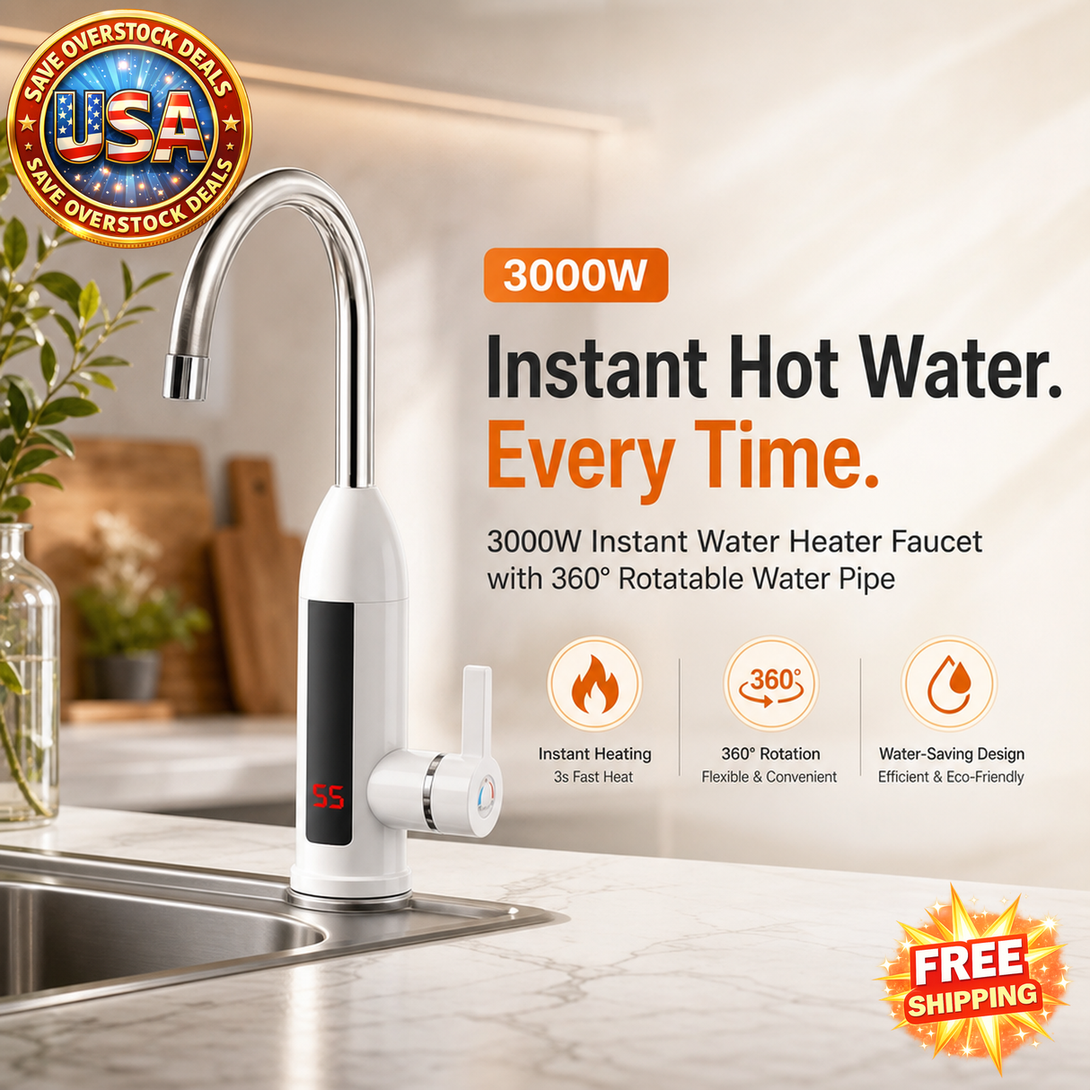3000W Tankless Water Heater Faucet with 360° Rotation