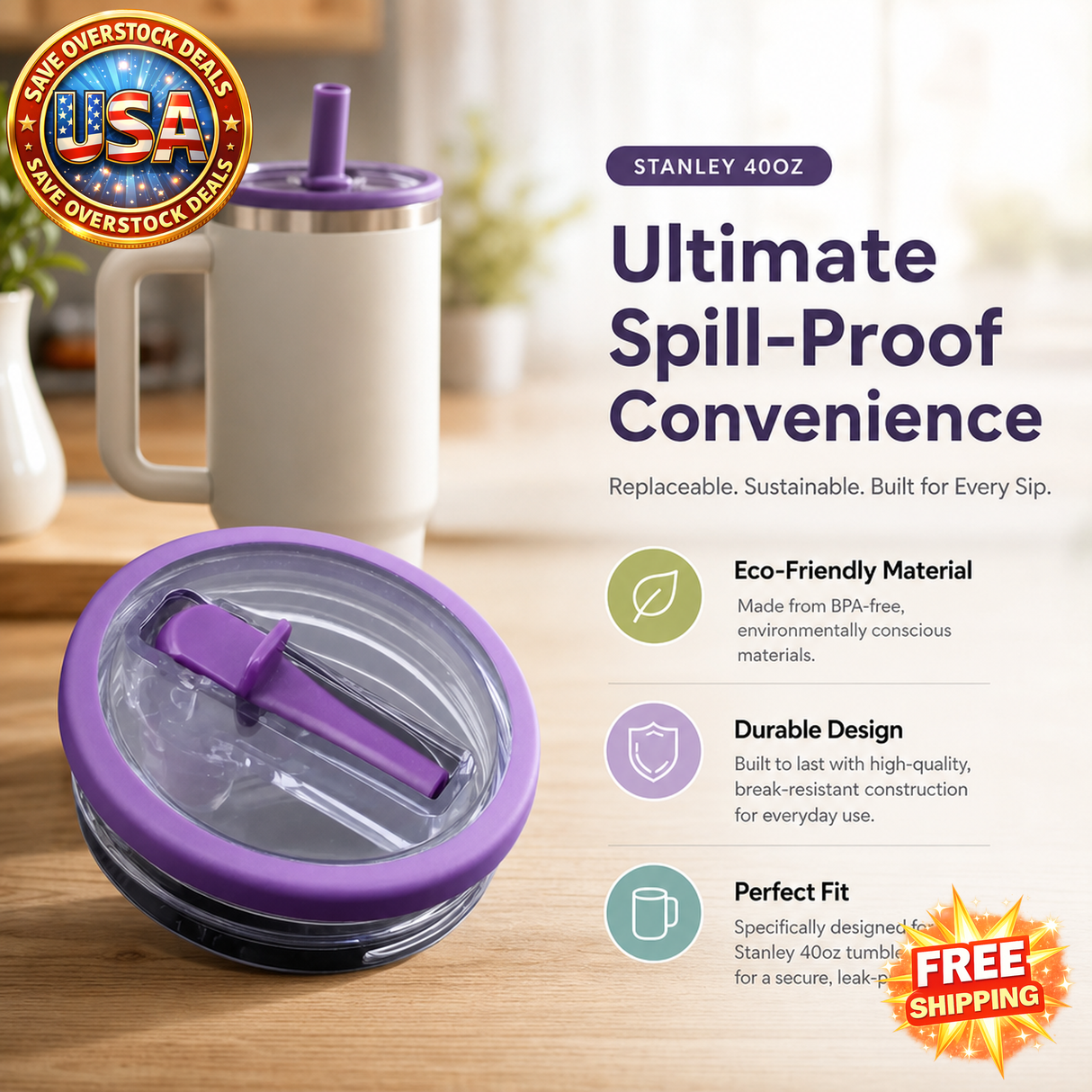 Stanley Spill-proof Cup Cover with Spiral Straw, 40oz