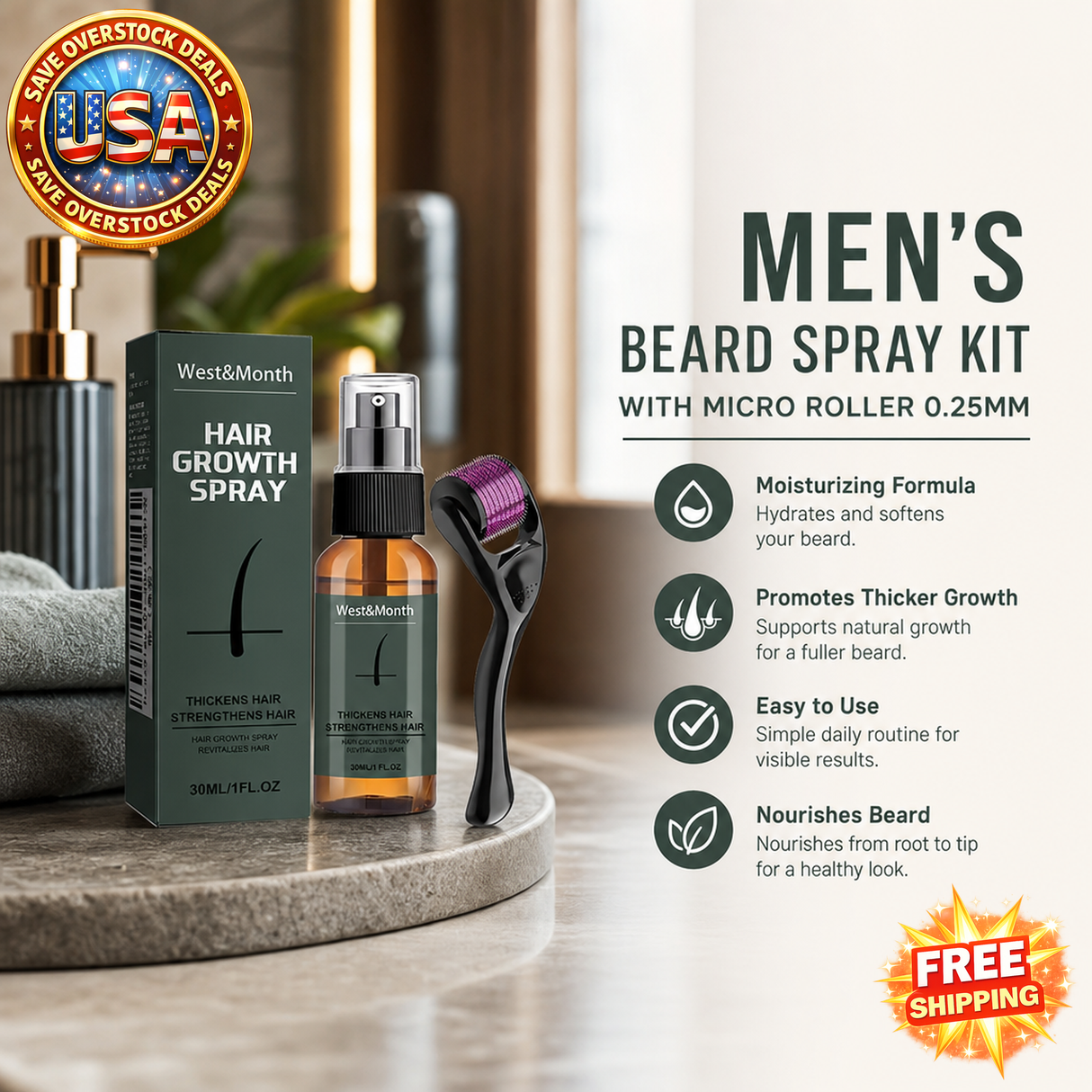 Men's Beard Spray Kit with Micro Roller for Thicker Hair