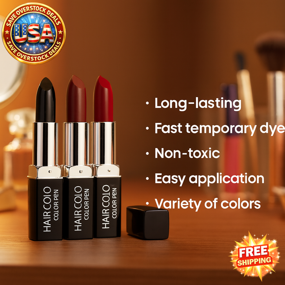 Temporary Hair Color Pens - Non-Toxic, Fast Coverage, 6 Pack