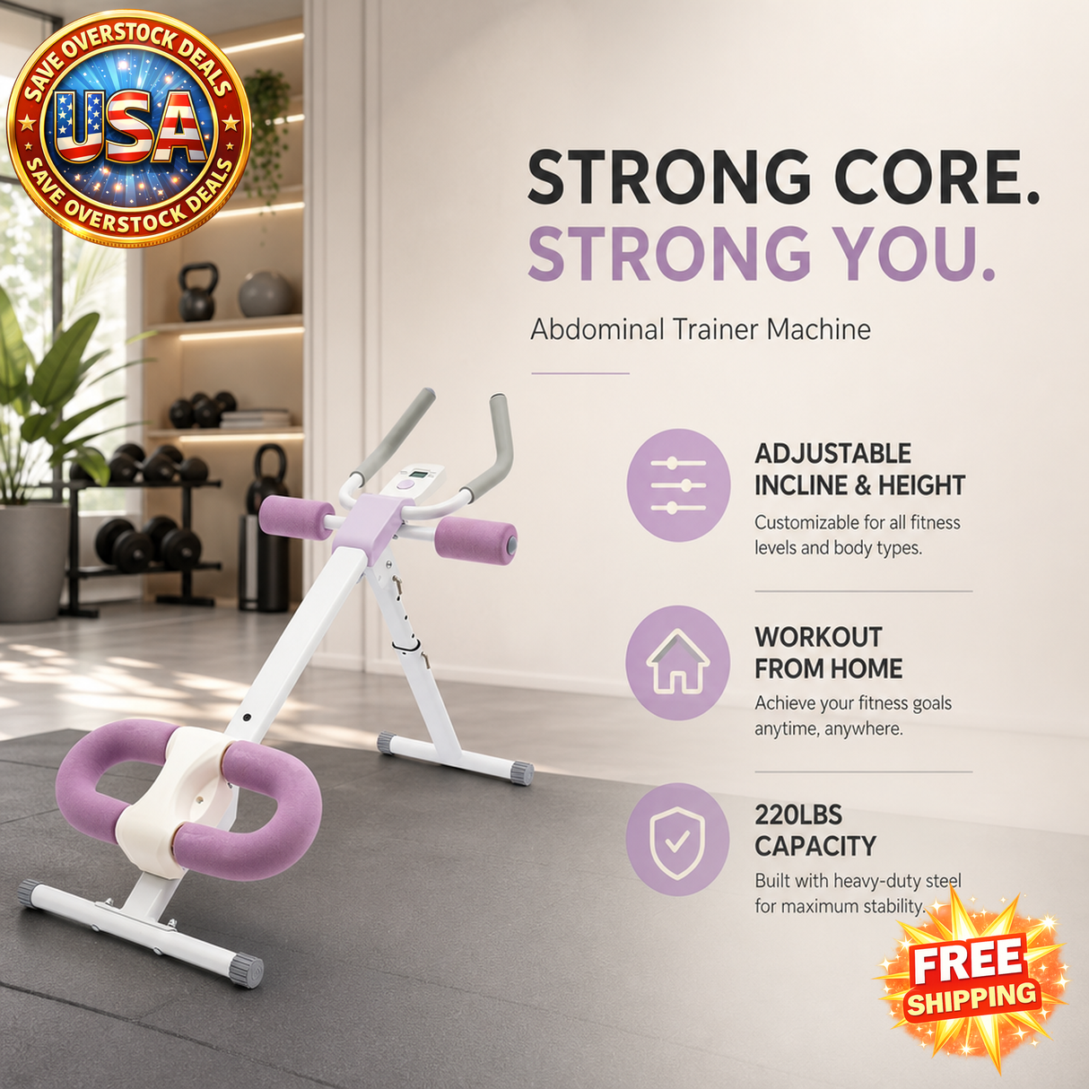 Adjustable Abdominal Trainer Machine for Home Gym, 220lbs
