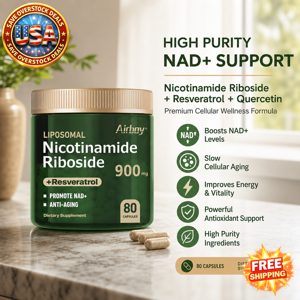 Nicotinamide Riboside + Resveratrol NAD Supplement - 80 Caps