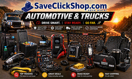 SaveClickShop.com Automotive & Trucks hero banner featuring dash cam, jump starter, air compressor, cargo net, floor mats, car vacuum, tool kits, emergency road kit, phone mount, cooler, work light, and vehicle accessories.
