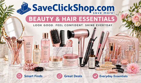 SaveClickShop.com Beauty & Hair Essentials hero banner featuring premium beauty and hair care products including hair dryer, curling iron, flat iron, brushes, serums, cosmetics, makeup tools, organizers, and self-care accessories on a marble countertop.
