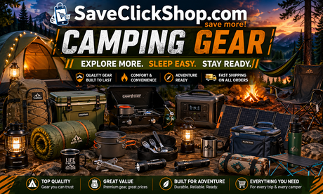 SaveClickShop.com Camping Gear hero banner featuring tent, lanterns, backpack, cooler, sleeping bag, camp stove, power station, solar panel, cookware, chairs, flashlights, blanket, and outdoor camping essentials.