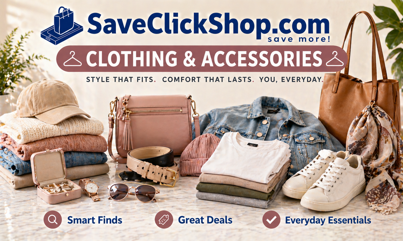 SaveClickShop.com Clothing & Accessories hero banner featuring stylish apparel and fashion accessories including folded sweaters, denim jacket, handbags, sneakers, belts, hat, sunglasses, jewelry case, scarf, and everyday wardrobe essentials.