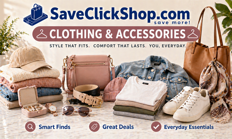 SaveClickShop.com Clothing & Accessories hero banner featuring stylish apparel and fashion accessories including folded sweaters, denim jacket, handbags, sneakers, belts, hat, sunglasses, jewelry case, scarf, and everyday wardrobe essentials.