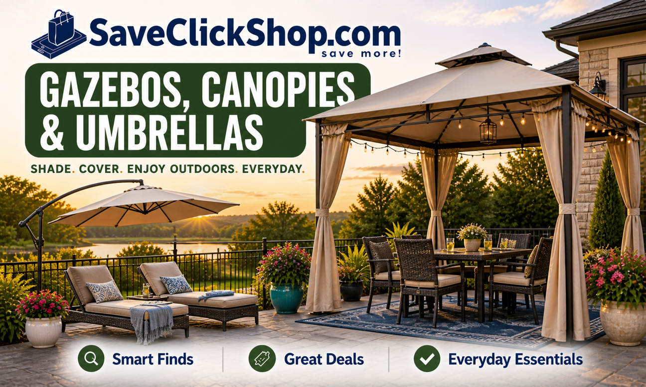 Gazebos, canopies and umbrellas collection featuring outdoor shade structures designed for patios, decks and backyard comfort in sun and light rain.