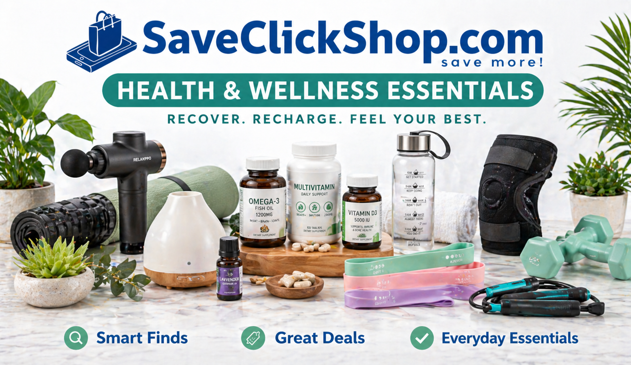 Health & Wellness Essentials collection hero banner for SaveClickShop featuring massage gun, vitamins, diffuser, yoga mat, resistance bands, water bottle, knee brace, dumbbells, and fitness recovery products on a marble countertop.