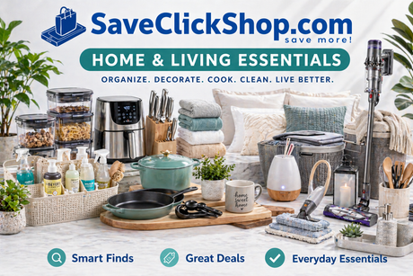 SaveClickShop Home & Living Essentials collection banner featuring kitchen cookware, food storage containers, cleaning supplies, bedding, organizers, home décor, and everyday household products.