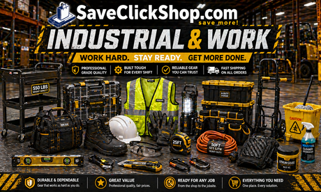 SaveClickShop.com Industrial & Work hero banner featuring safety vest, work boots, gloves, hard hat, tool bags, storage bins, hand truck, utility cart, extension cord, mop bucket, cleaner, and jobsite gear.