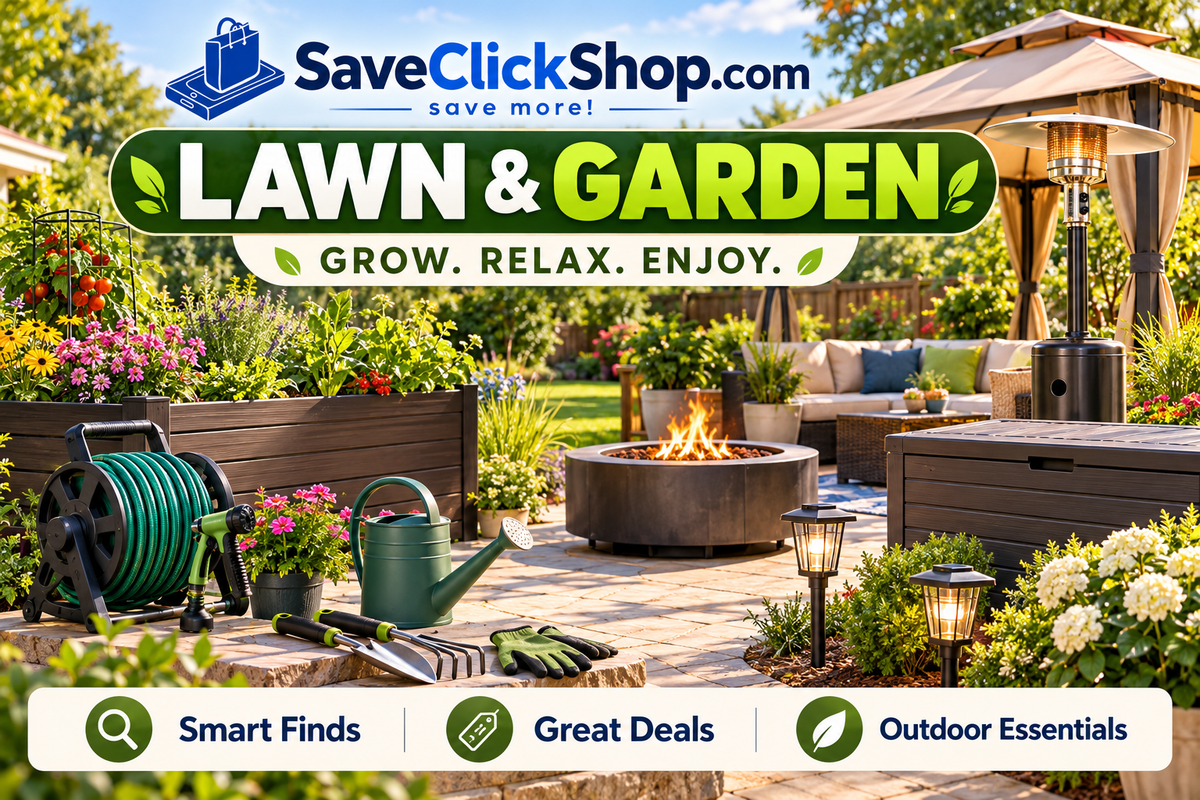 Lawn and garden essentials including garden tools, planters, hose reel, fire pit, patio heater, outdoor storage and solar lighting at SaveClickShop