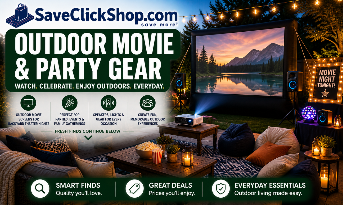 Outdoor movie and party gear collection featuring projector screens, speakers and backyard entertainment setups for movie nights, parties and outdoor events.