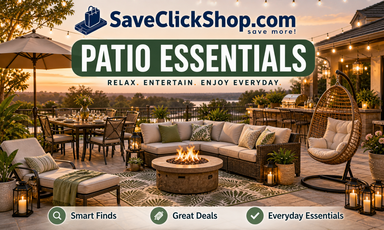 Patio essentials collection outdoor patio furniture set with sectional sofa fire pit dining table umbrella lounge chairs backyard setup modern garden furniture. |SaveClickShop.com
