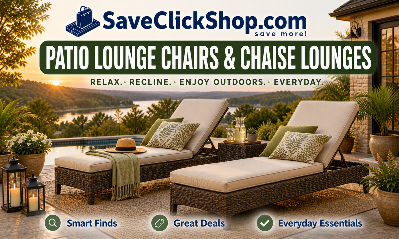 Patio lounge chairs and chaise lounges collection featuring reclining outdoor seating designed for poolside relaxation, sunbathing, and comfortable backyard living.
