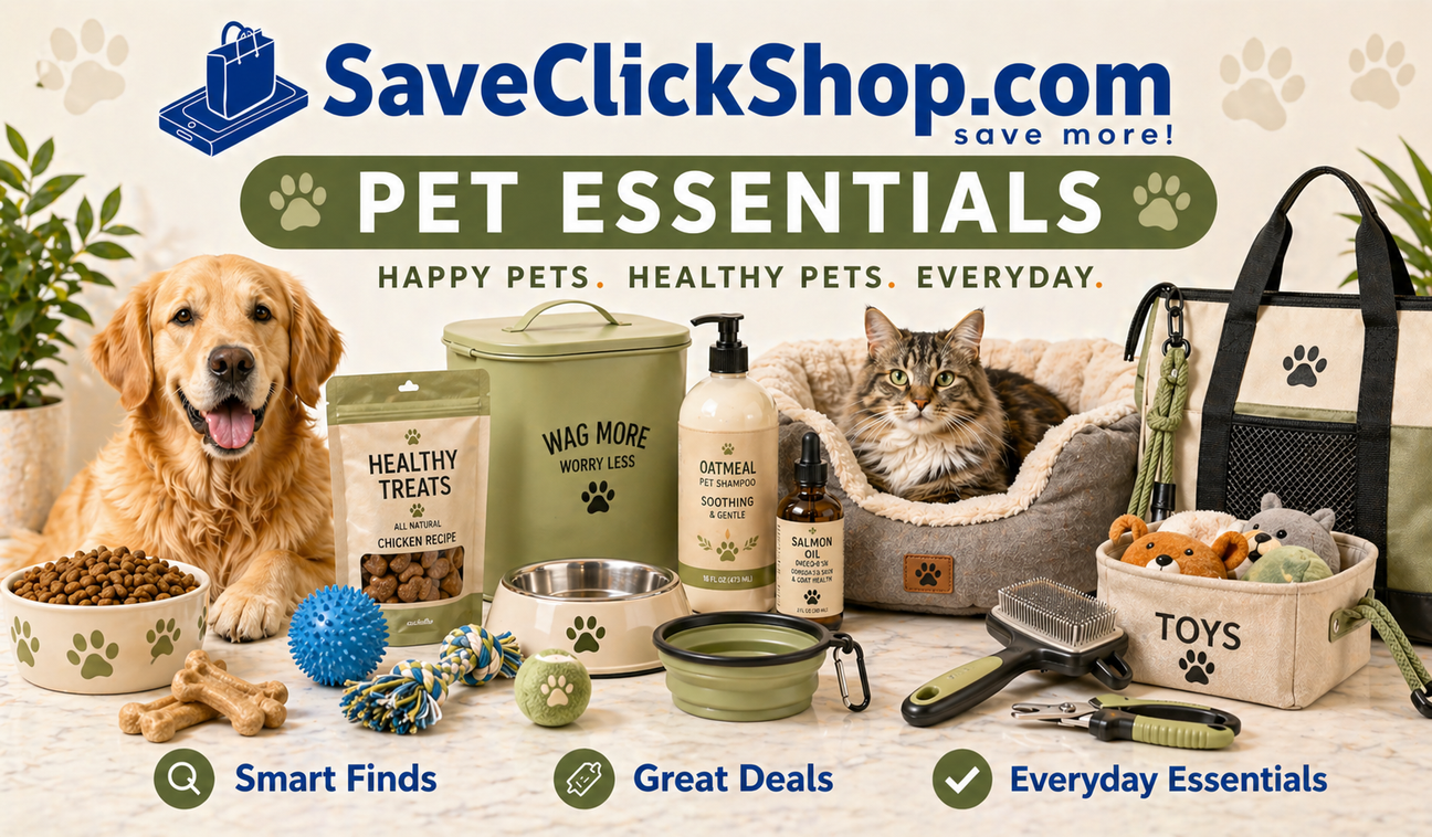 SaveClickShop.com Pet Essentials hero banner featuring dog and cat with premium pet products including treats, bowls, toys, pet bed, grooming tools, shampoo, carrier bag, and everyday pet care accessories.
