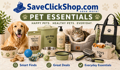 SaveClickShop.com Pet Essentials hero banner featuring dog and cat with premium pet products including treats, bowls, toys, pet bed, grooming tools, shampoo, carrier bag, and everyday pet care accessories.