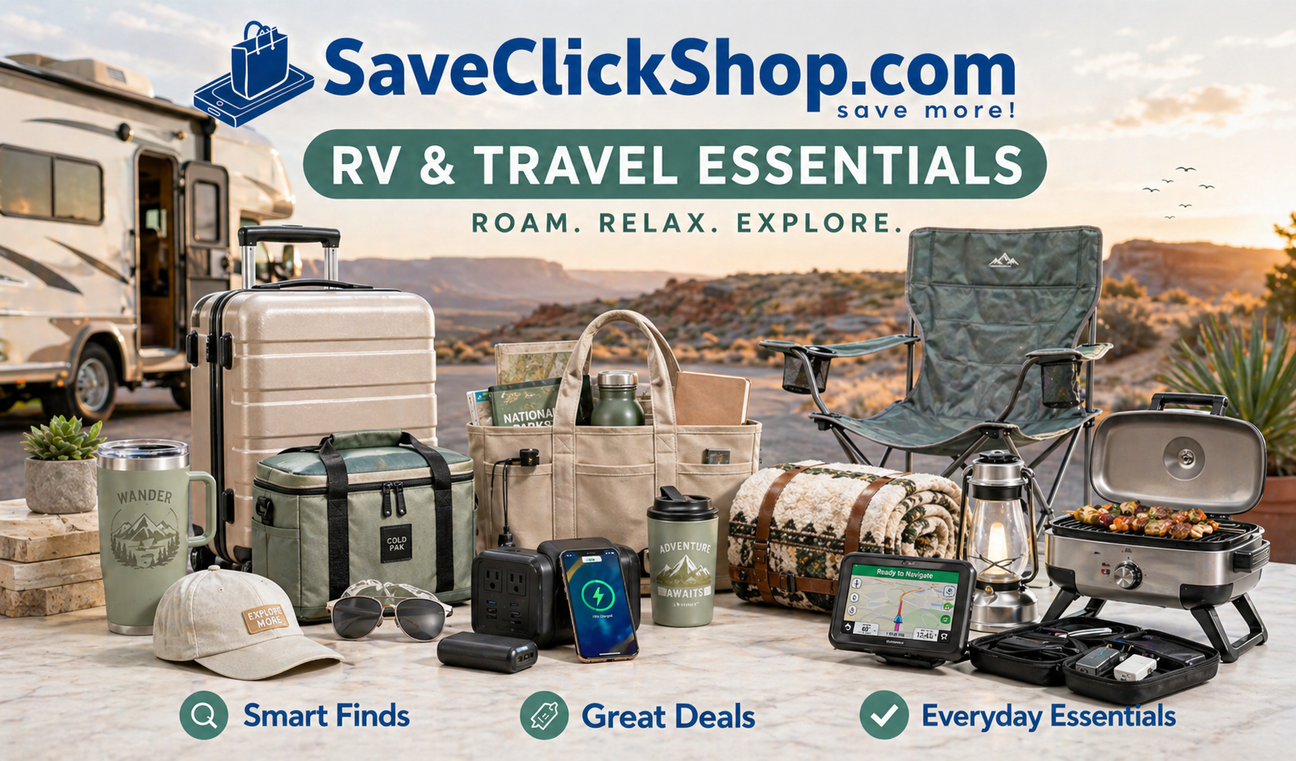 SaveClickShop.com RV & Travel Essentials hero banner featuring premium travel gear including luggage, cooler, camping chair, portable grill, mugs, charging devices, blankets, navigation accessories, and RV desert road trip backdrop.