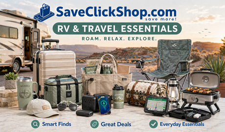SaveClickShop.com RV & Travel Essentials hero banner featuring premium travel gear including luggage, cooler, camping chair, portable grill, mugs, charging devices, blankets, navigation accessories, and RV desert road trip backdrop.