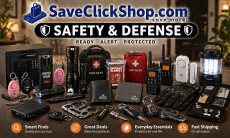 SaveClickShop.com Safety & Defense hero banner with safe, flashlights, alarms, first aid kits, walkie talkies, RFID wallets, gloves, locks, lantern, emergency tools, and everyday security essentials.