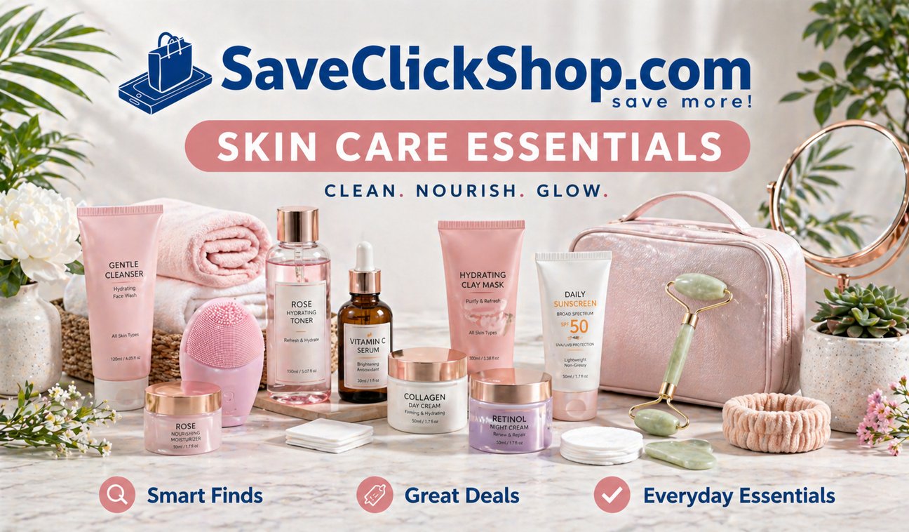 SaveClickShop.com Skin Care Essentials hero banner featuring premium skincare products including cleansers, serums, moisturizers, sunscreen, jade roller, facial tools, towels, and spa-inspired beauty accessories on a marble countertop.