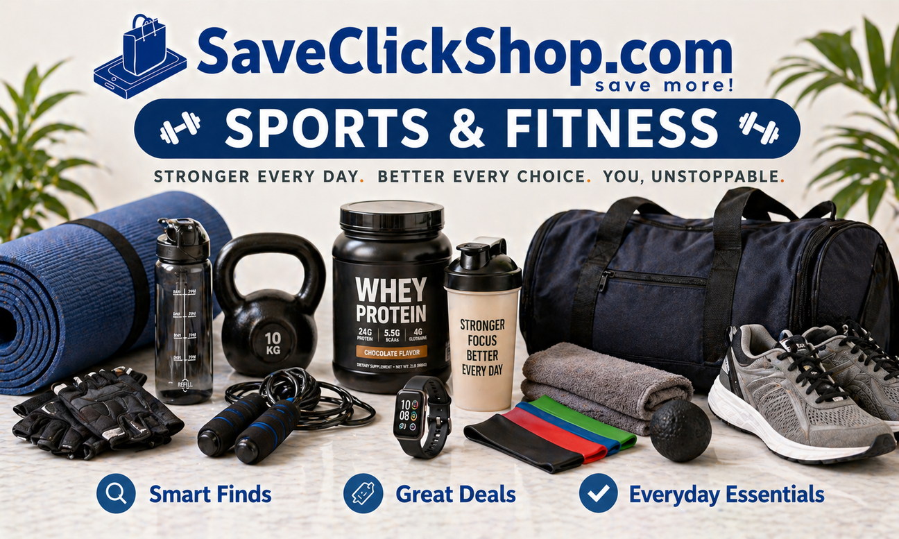 SaveClickShop.com Sports & Fitness hero banner featuring premium workout gear including yoga mat, kettlebell, gym bag, running shoes, resistance bands, jump rope, gloves, shaker bottle, smartwatch, foam ball, and fitness accessories.