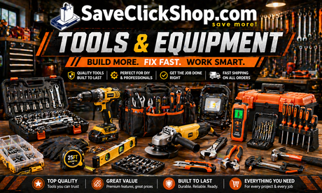 SaveClickShop.com Tools & Equipment hero banner featuring drill, socket sets, screwdrivers, grinder, pliers, wrench, stud finder, work light, toolbox, tape measure, gloves, clamps, and workshop tools.