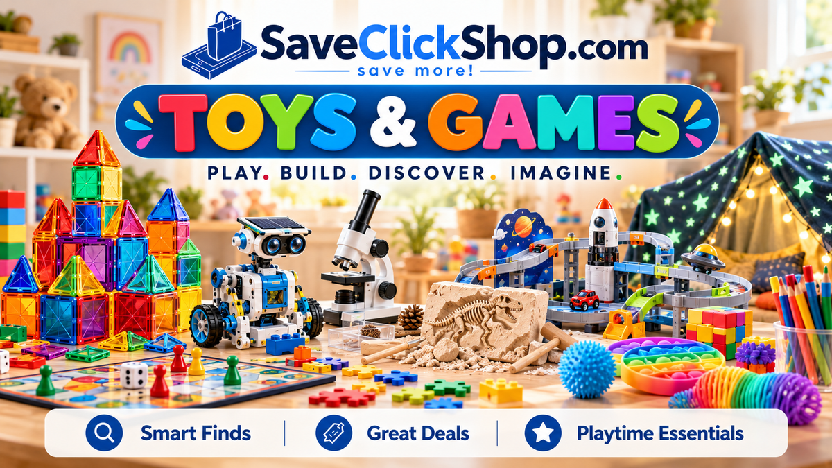 Toys and games collection featuring building toys, STEM learning kits, puzzles, board games, sensory toys and creative play essentials at SaveClickShop