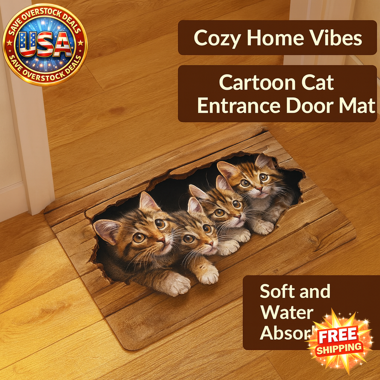 Cartoon Cat Entrance Door Mat - 2D Wooden Design - Anti-Slip Soft Pad