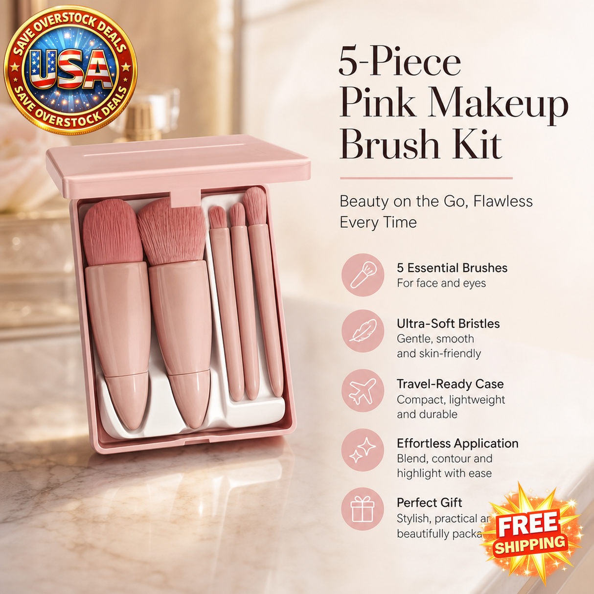 5-Piece Pink Makeup Brush Kit | Soft Synthetic Brushes