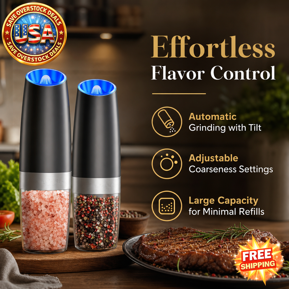 Gravity Electric Salt and Pepper Mill - Battery Powered, Adjustable