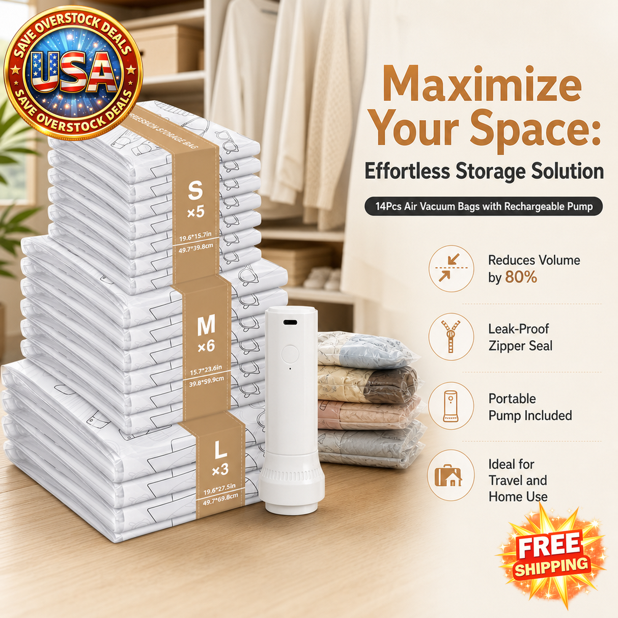 14Pcs Reusable Air Vacuum Bags with Rechargeable Pump