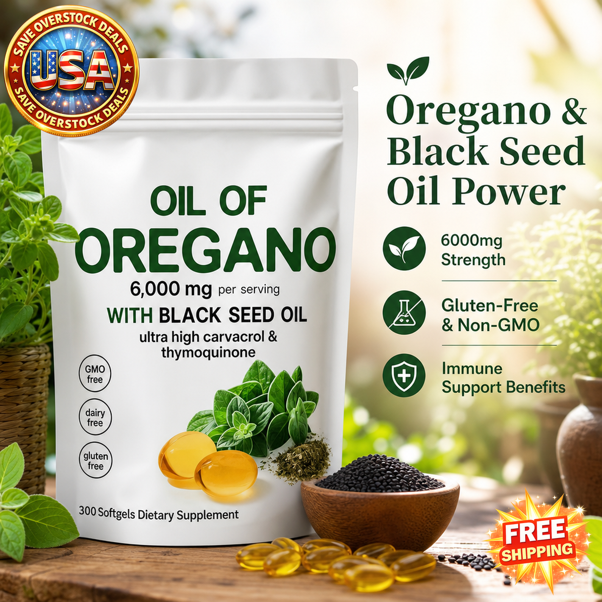 Organic Oregano Oil Capsules with Black Seed Oil, 6000mg