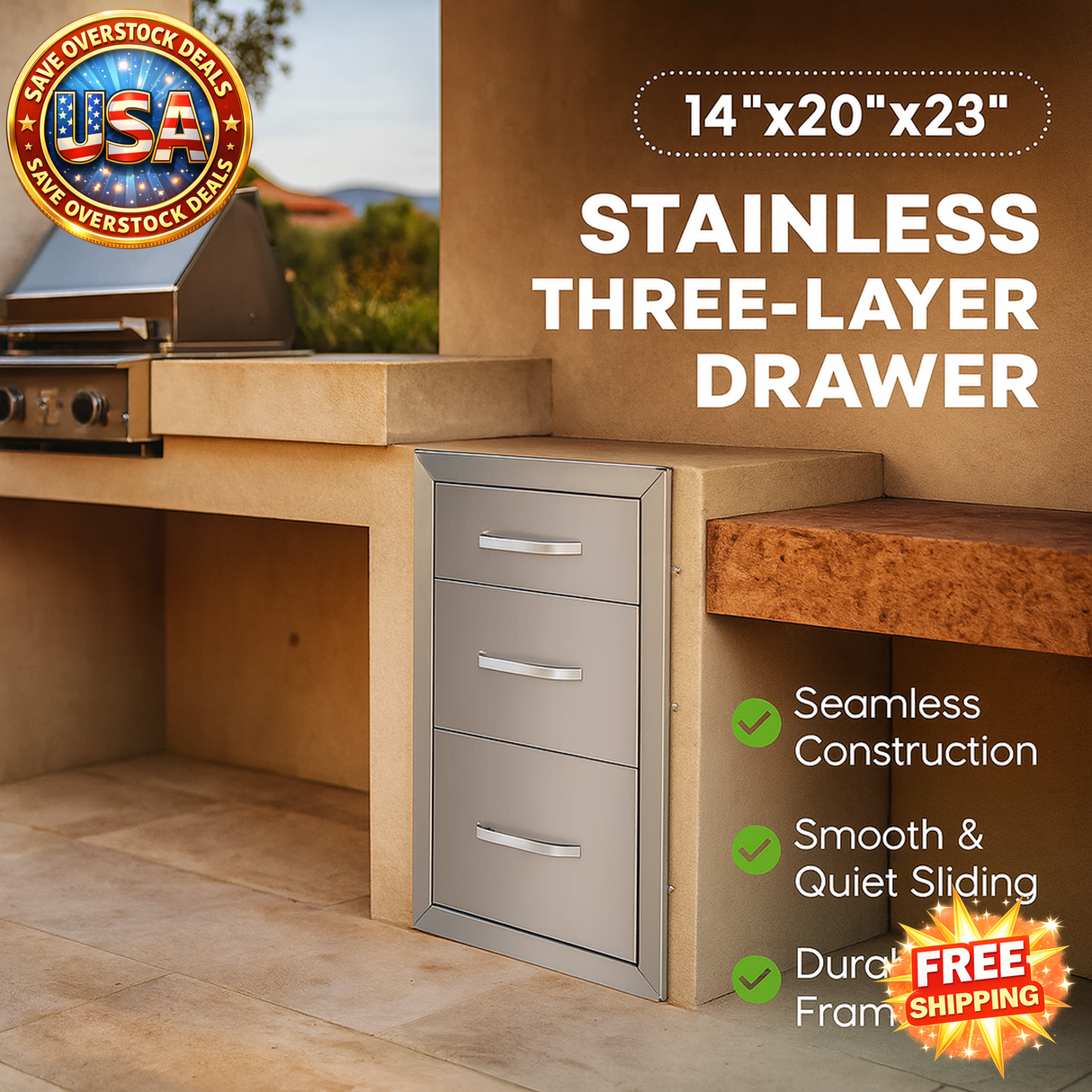 Stainless steel three-layer drawer with outdoor kitchen background