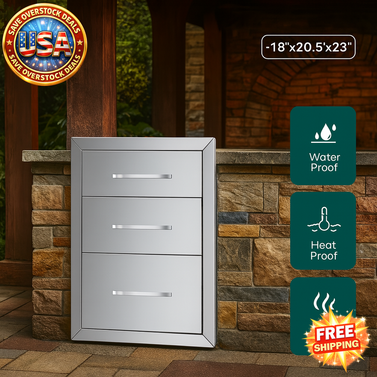 Outdoor metal storage cabinet with drawers on a stone patio, featuring waterproof, heatproof, and free shipping icons.