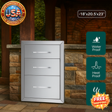 Outdoor metal storage cabinet with drawers on a stone patio, featuring waterproof, heatproof, and free shipping icons.